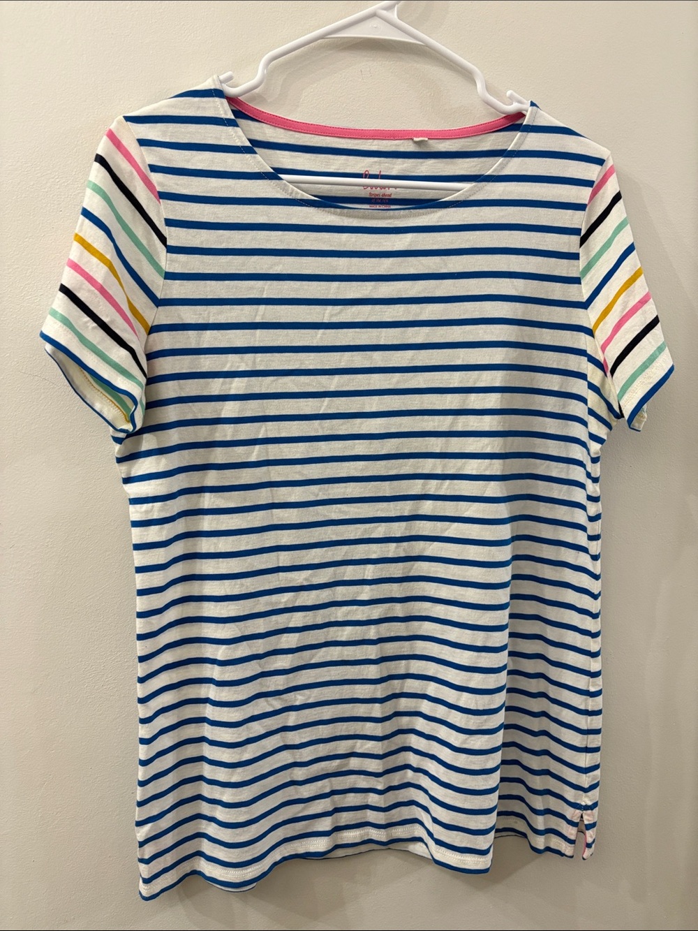 Boden Striped Tee with Blue, White & Pink Trim - size 10 - 100% cotton